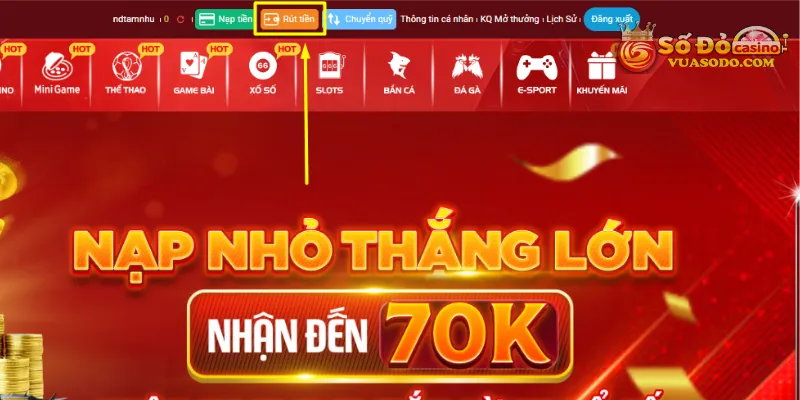 Nhấp vào mục rút tiền như hướng dẫn